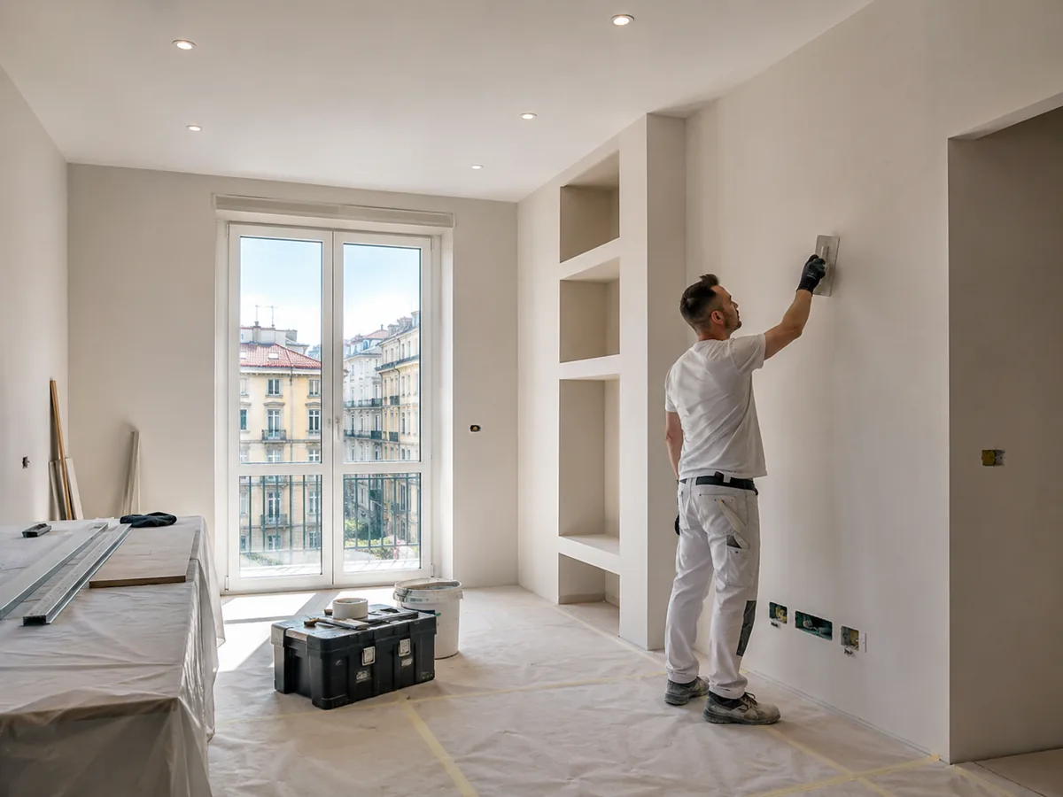 Operaio rifinisce una parete in cartongesso in un interno a Milano, con faretti LED e finitura a regola d'arte
