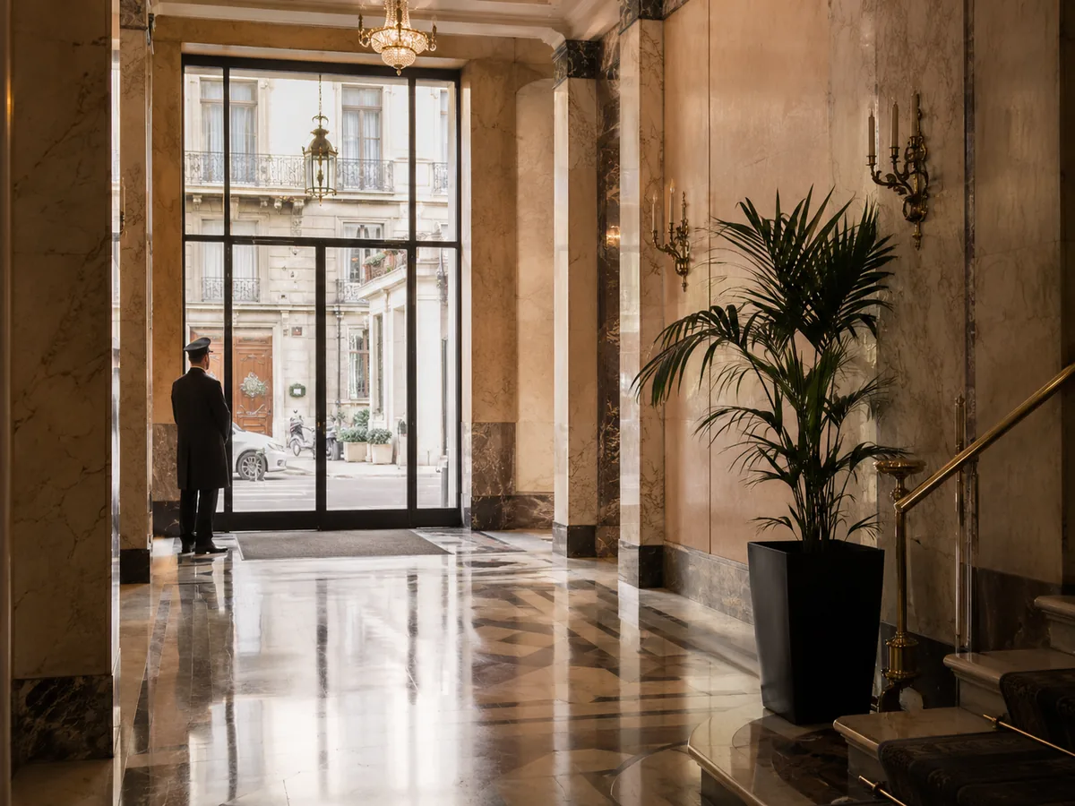 Portiere presidia con discrezione l'ingresso elegante di un palazzo a Milano, con marmo e dettagli dorati